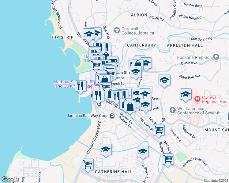map of restaurants, bars, coffee shops, grocery stores, and more near Payne Street in Montego Bay