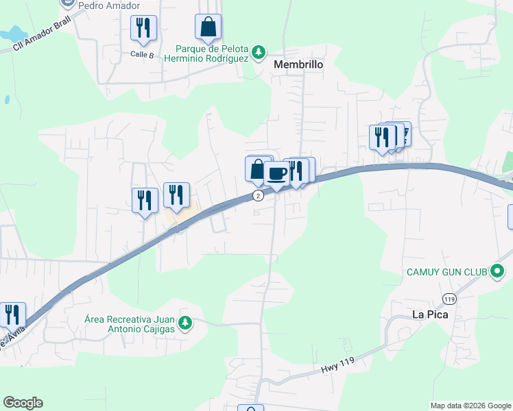 map of restaurants, bars, coffee shops, grocery stores, and more near 2 in Camuy