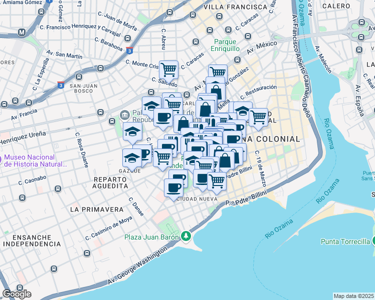 map of restaurants, bars, coffee shops, grocery stores, and more near Avenida Mella in Santo Domingo