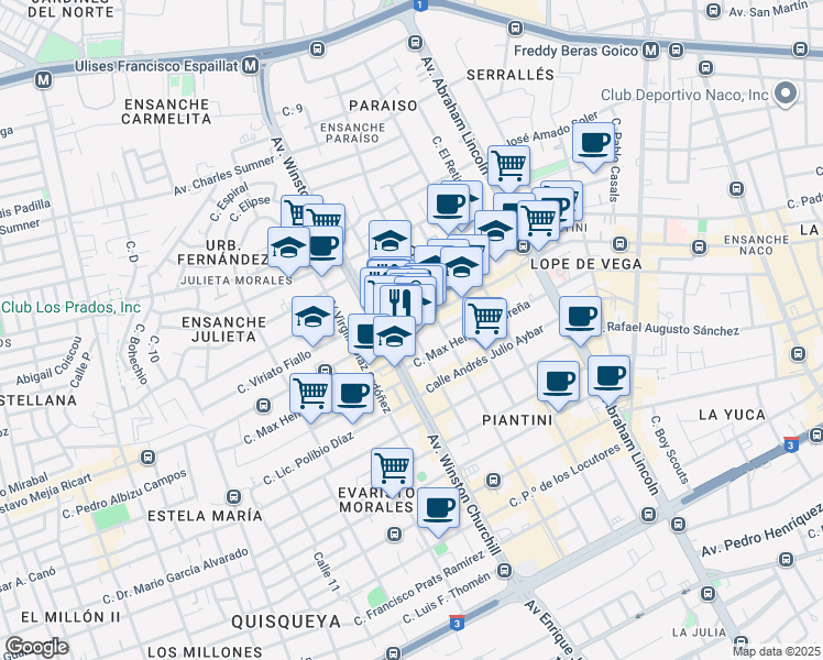 map of restaurants, bars, coffee shops, grocery stores, and more near Calle Freddy Prestol Castillo in Santo Domingo