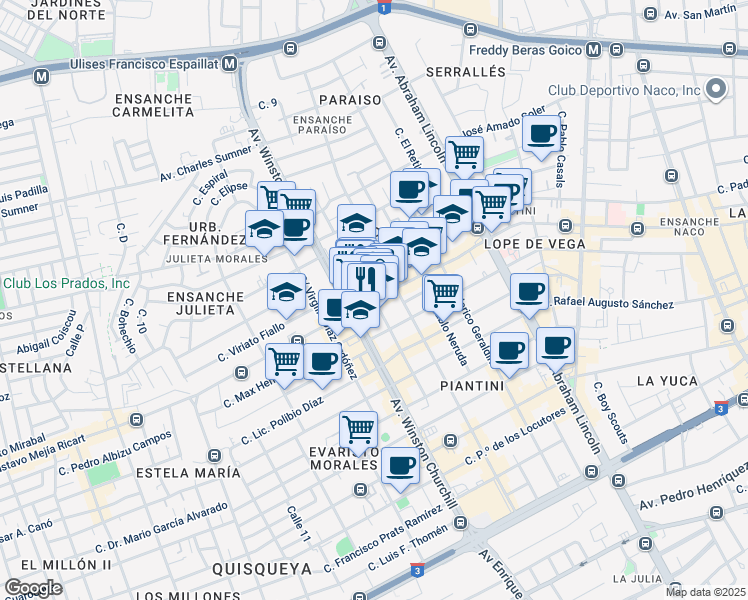map of restaurants, bars, coffee shops, grocery stores, and more near Avenida Gustavo Mejía Ricart in Santo Domingo