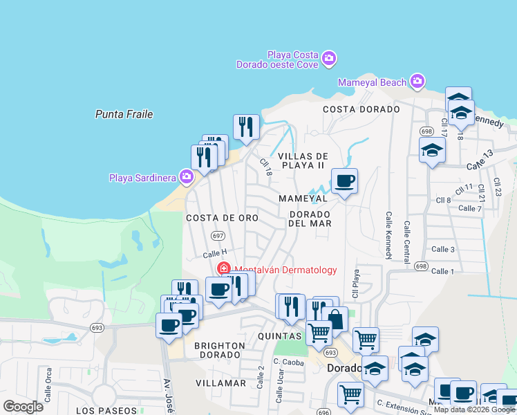 map of restaurants, bars, coffee shops, grocery stores, and more near Cll Las Palmas in Dorado