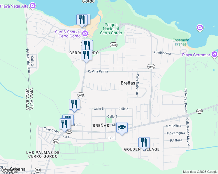 map of restaurants, bars, coffee shops, grocery stores, and more near Calle 7 in Dorado