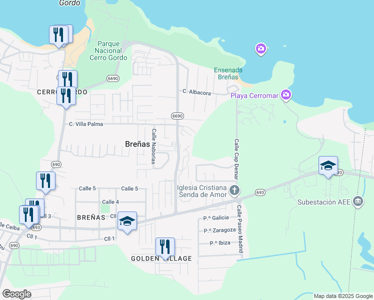 map of restaurants, bars, coffee shops, grocery stores, and more near Puerto Rico 6690 in Dorado