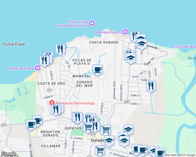map of restaurants, bars, coffee shops, grocery stores, and more near Calle Boulevard in Dorado