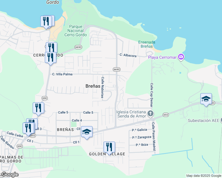 map of restaurants, bars, coffee shops, grocery stores, and more near Calle Palma Real in Dorado