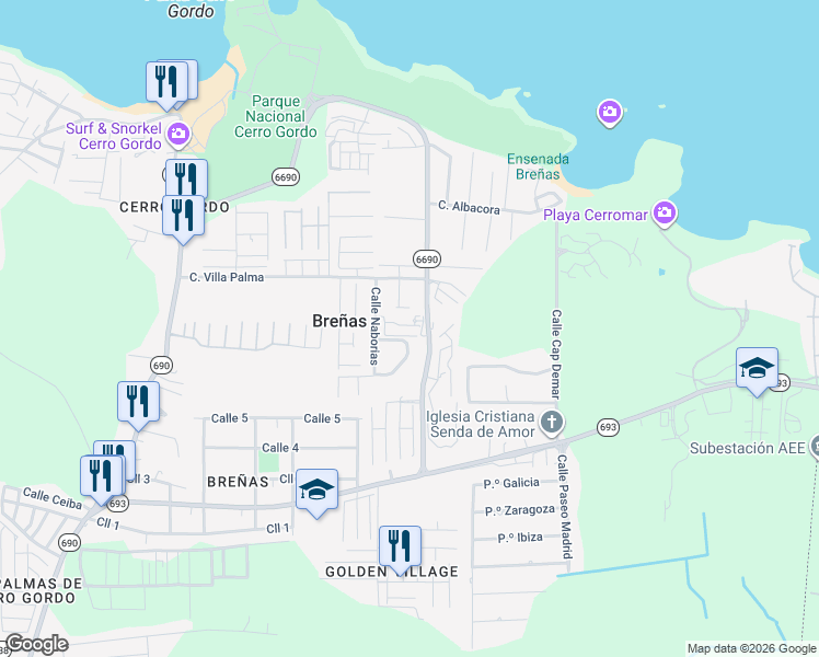 map of restaurants, bars, coffee shops, grocery stores, and more near Calle Palma Real in Dorado