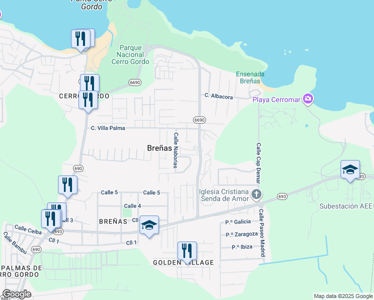 map of restaurants, bars, coffee shops, grocery stores, and more near Calle Palma Real in Dorado