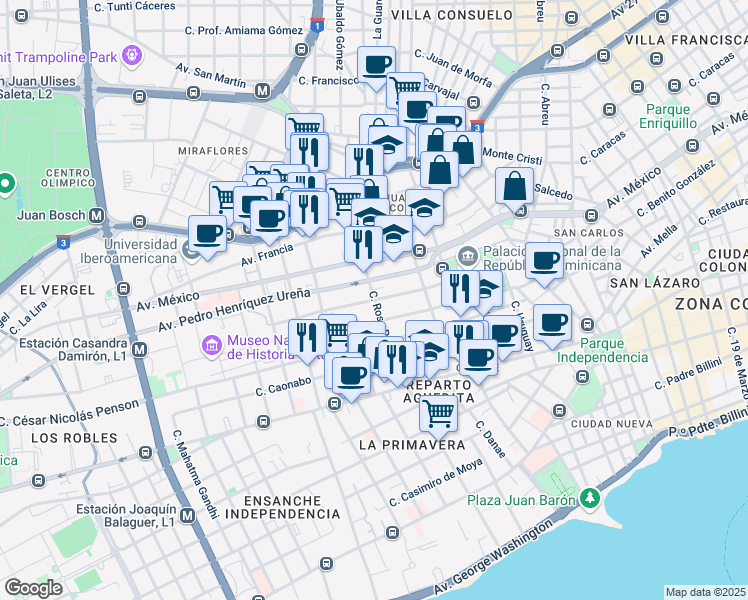 map of restaurants, bars, coffee shops, grocery stores, and more near Calle Manuel Rodriguez Objío in Santo Domingo