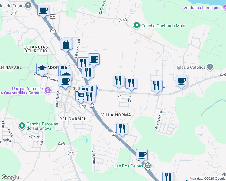 map of restaurants, bars, coffee shops, grocery stores, and more near 6897 485 in Quebradillas