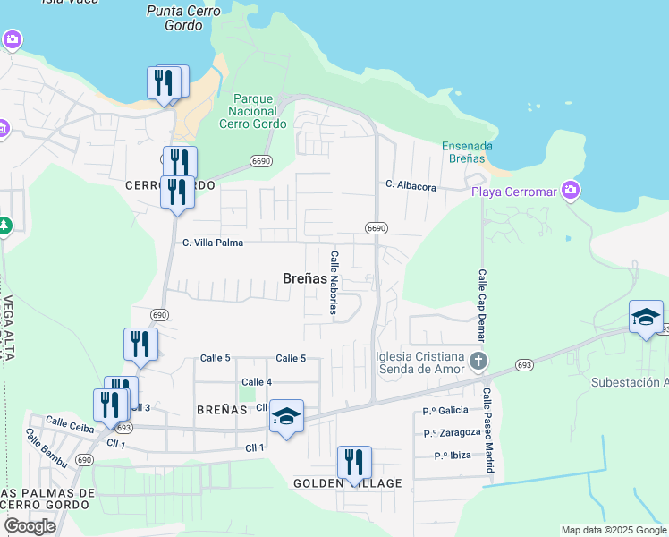 map of restaurants, bars, coffee shops, grocery stores, and more near Calle Los Naborias in Dorado