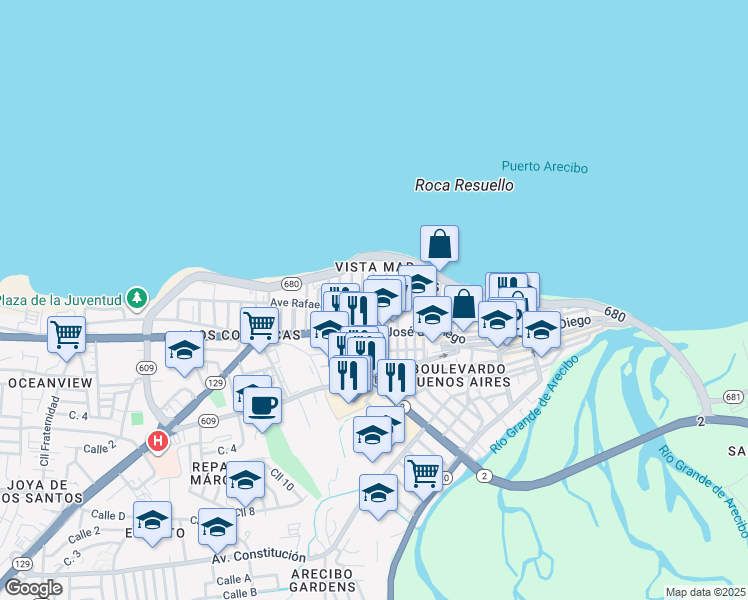 map of restaurants, bars, coffee shops, grocery stores, and more near Calle Manuel Perez Aviles in Arecibo