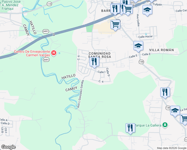 map of restaurants, bars, coffee shops, grocery stores, and more near Calle I in Hatillo
