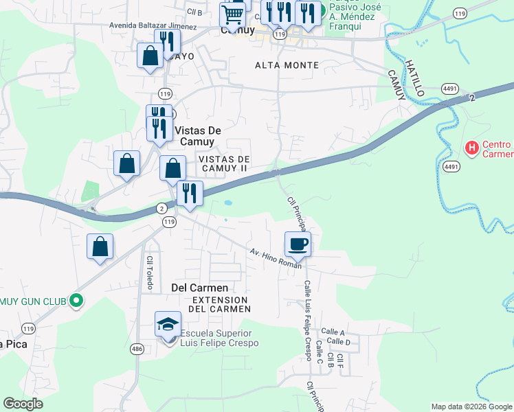 map of restaurants, bars, coffee shops, grocery stores, and more near in Del Carmen
