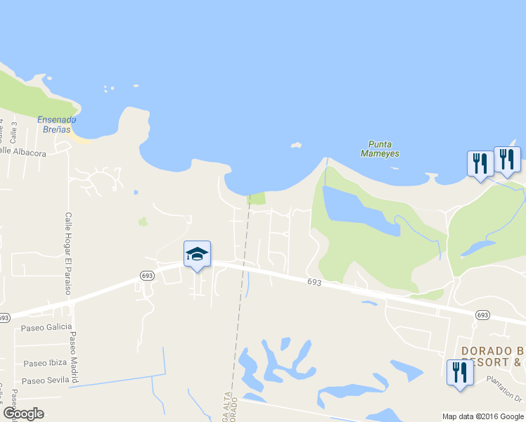 map of restaurants, bars, coffee shops, grocery stores, and more near Calle Arrecife in Dorado