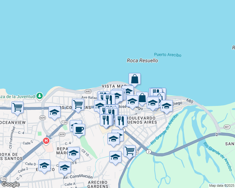 map of restaurants, bars, coffee shops, grocery stores, and more near Calle Manuel Pérez Avilés in Arecibo