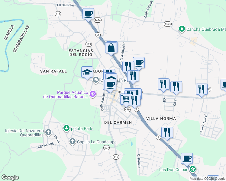 map of restaurants, bars, coffee shops, grocery stores, and more near in Quebradillas