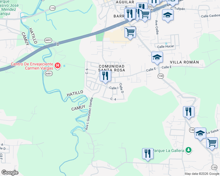 map of restaurants, bars, coffee shops, grocery stores, and more near Calle I in Hatillo