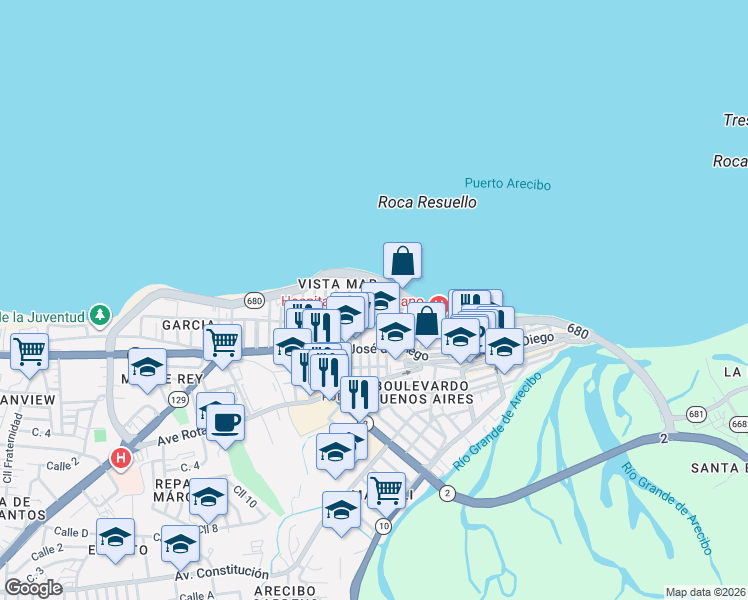 map of restaurants, bars, coffee shops, grocery stores, and more near Callel Manuel Perez Aviles in Arecibo