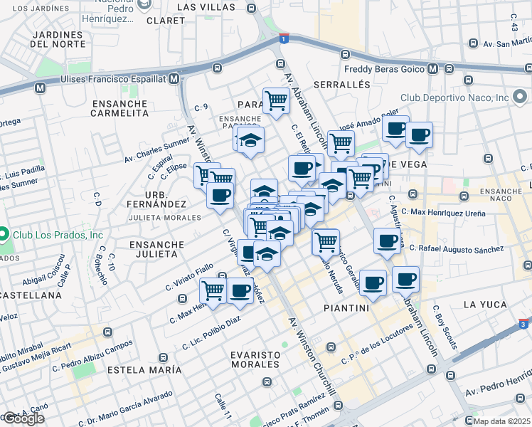 map of restaurants, bars, coffee shops, grocery stores, and more near 26 Calle Hector Inchaustegui Cabral in Santo Domingo