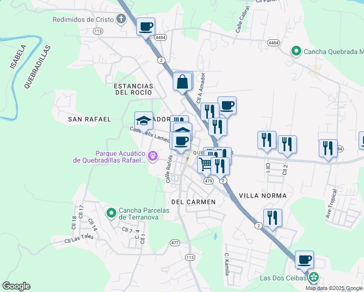 map of restaurants, bars, coffee shops, grocery stores, and more near 485 in Quebradillas