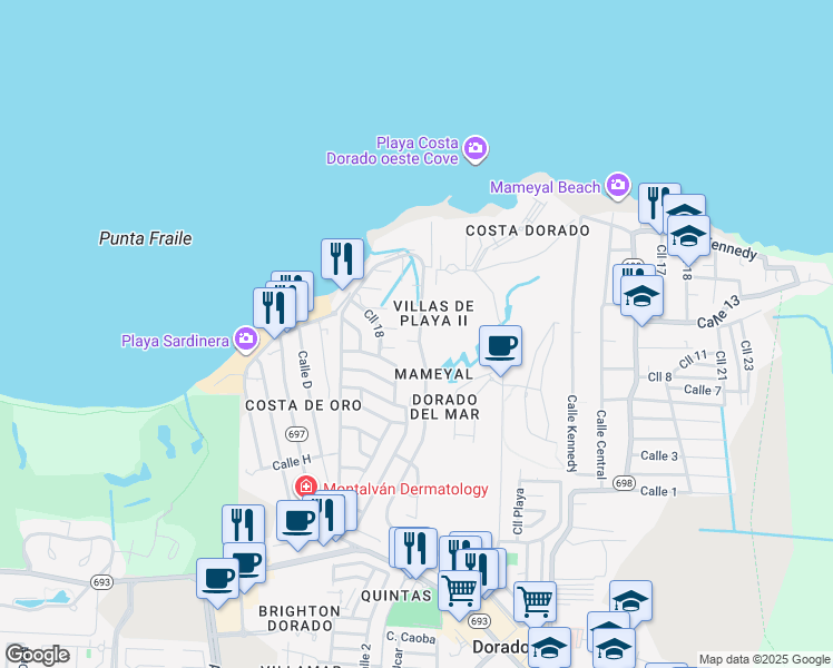 map of restaurants, bars, coffee shops, grocery stores, and more near Calle Madre Perla in Dorado