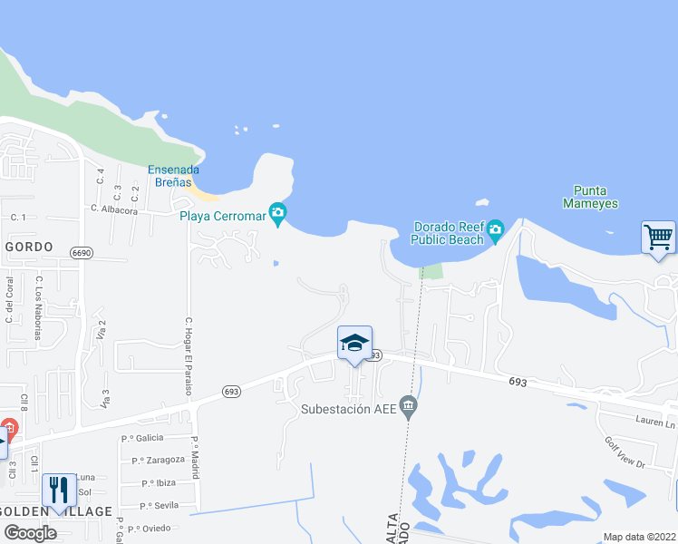 map of restaurants, bars, coffee shops, grocery stores, and more near 301 Puerto Rico 693 in Dorado