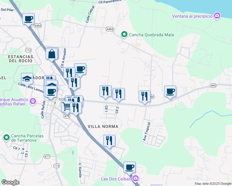 map of restaurants, bars, coffee shops, grocery stores, and more near Calle San Francisco in Quebradillas