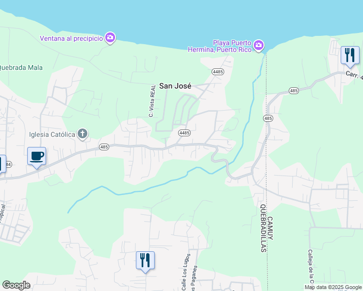 map of restaurants, bars, coffee shops, grocery stores, and more near 485 in Quebradillas
