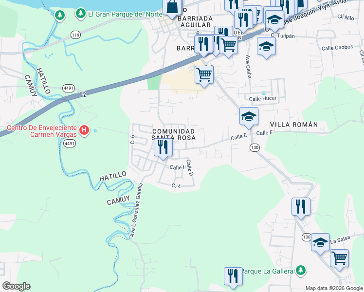 map of restaurants, bars, coffee shops, grocery stores, and more near Calle B in Hatillo