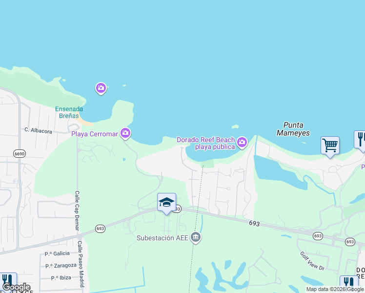 map of restaurants, bars, coffee shops, grocery stores, and more near Calle Arrecife in Dorado