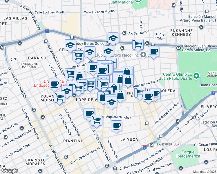map of restaurants, bars, coffee shops, grocery stores, and more near Calle Padre Fantino Falco in Santo Domingo