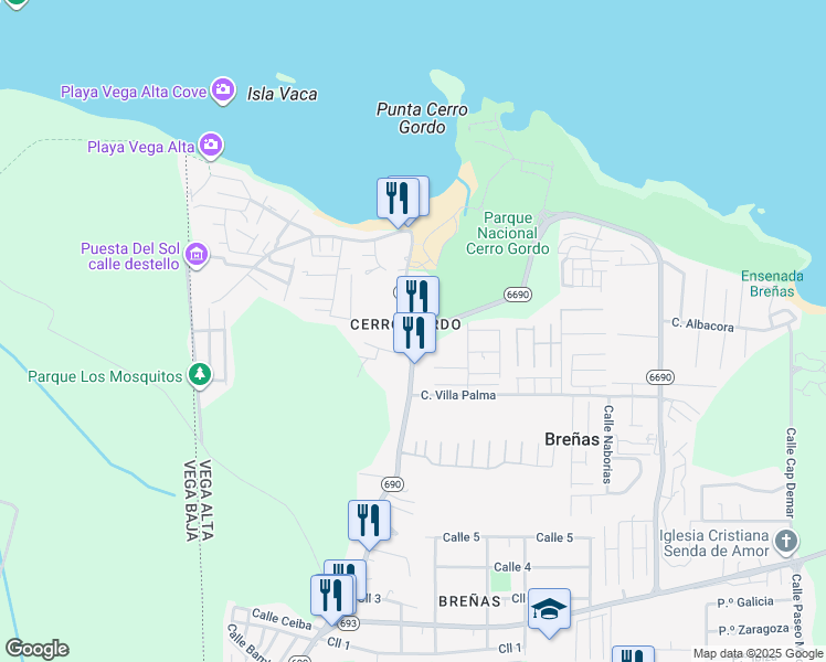 map of restaurants, bars, coffee shops, grocery stores, and more near Puerto Rico 6690 in Dorado