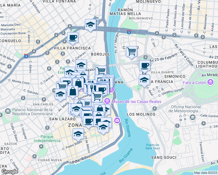 map of restaurants, bars, coffee shops, grocery stores, and more near Calle La Atarazana in Santo Domingo