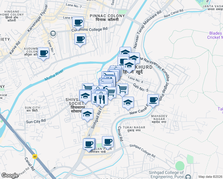map of restaurants, bars, coffee shops, grocery stores, and more near Narveer Tanaji Malusare Road in Pune