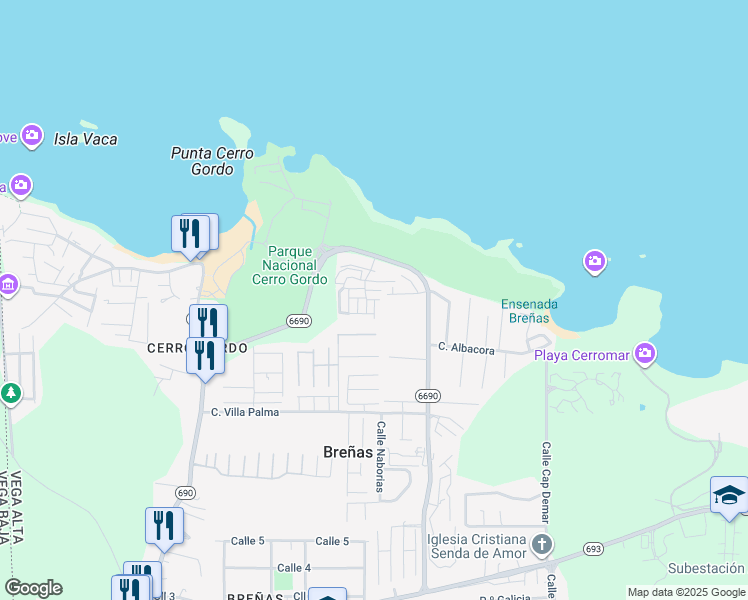 map of restaurants, bars, coffee shops, grocery stores, and more near Calle Amber in Dorado