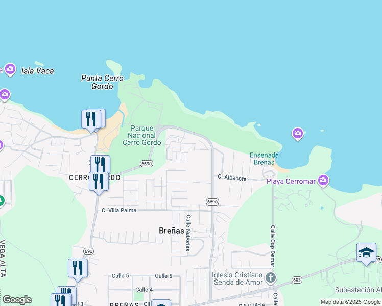 map of restaurants, bars, coffee shops, grocery stores, and more near Calle Amber in Dorado