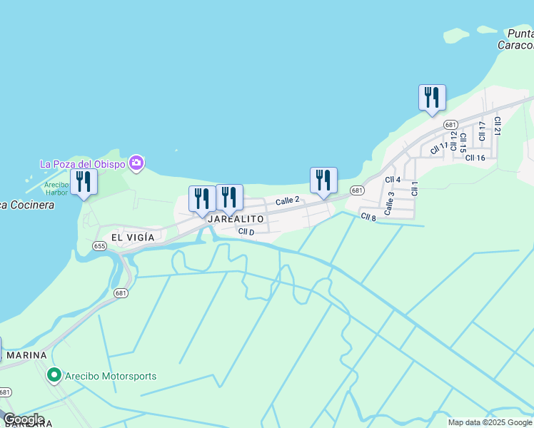 map of restaurants, bars, coffee shops, grocery stores, and more near Puerto Rico 681 in Arecibo