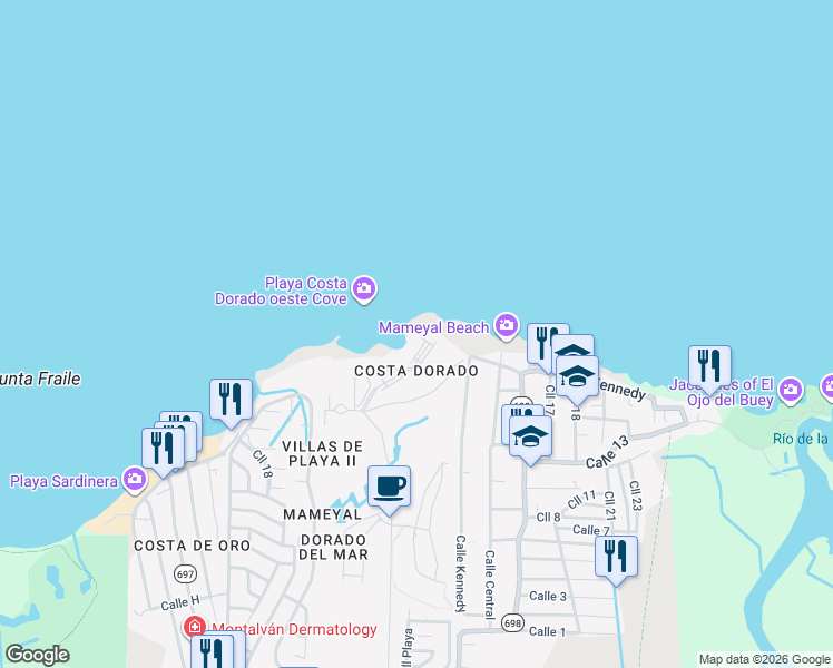 map of restaurants, bars, coffee shops, grocery stores, and more near 36 Calle Costa Dorada in Dorado