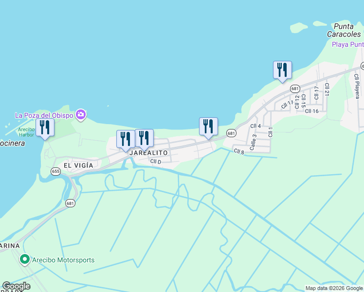 map of restaurants, bars, coffee shops, grocery stores, and more near Calle 2 in Arecibo