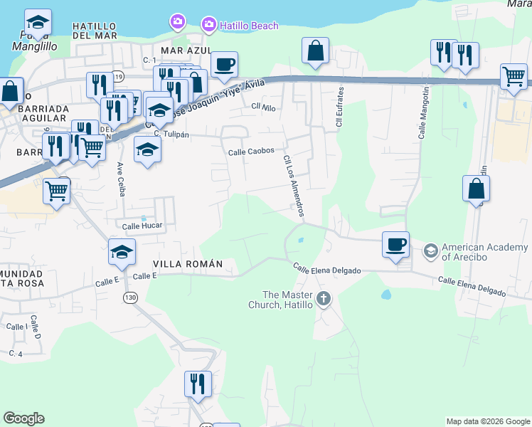 map of restaurants, bars, coffee shops, grocery stores, and more near Calle Violeta in Hatillo