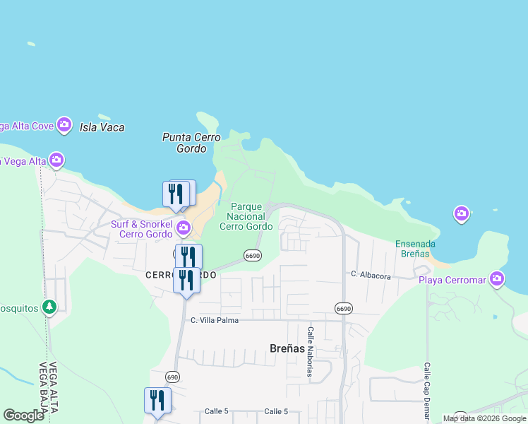 map of restaurants, bars, coffee shops, grocery stores, and more near Puerto Rico 6690 in Dorado