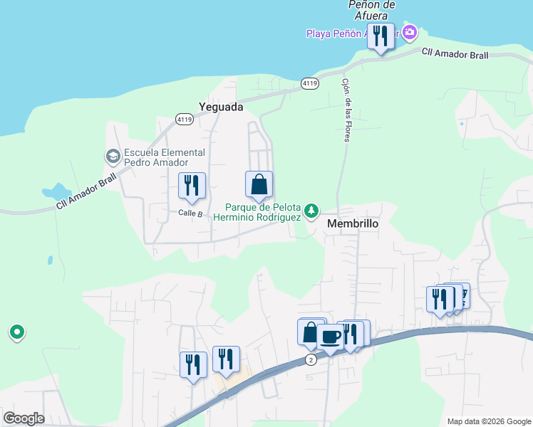map of restaurants, bars, coffee shops, grocery stores, and more near Calle 2 in Camuy