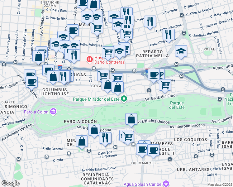 map of restaurants, bars, coffee shops, grocery stores, and more near Calle Primera in Santo Domingo Este