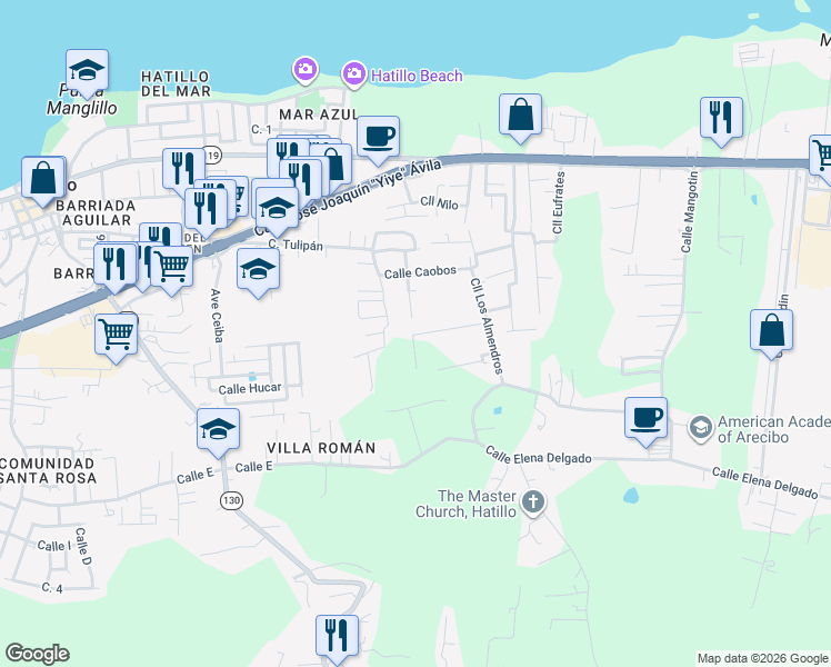 map of restaurants, bars, coffee shops, grocery stores, and more near Calle Violeta in Hatillo
