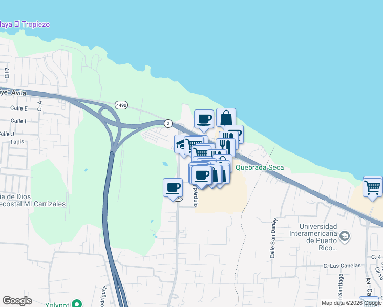 map of restaurants, bars, coffee shops, grocery stores, and more near Calle Parlo Párdulo in Arecibo