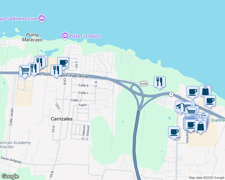 map of restaurants, bars, coffee shops, grocery stores, and more near in Arecibo