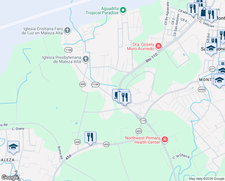 map of restaurants, bars, coffee shops, grocery stores, and more near Puerto Rico 110R in Aguadilla Pueblo