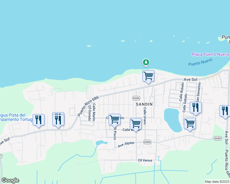 map of restaurants, bars, coffee shops, grocery stores, and more near Avenue Sol in Vega Baja