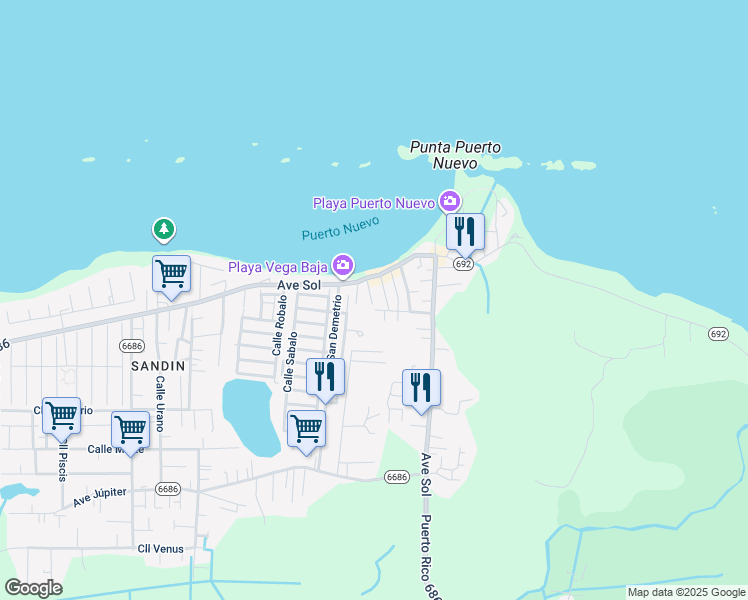 map of restaurants, bars, coffee shops, grocery stores, and more near Calle Roca Mar in Vega Baja